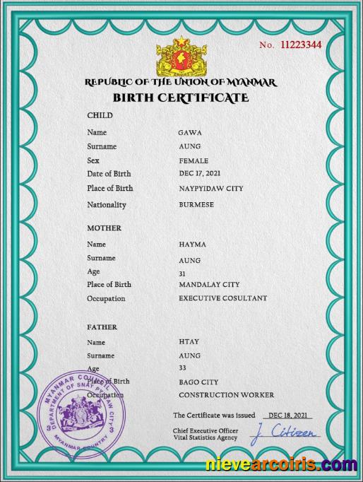 Myanmar vital record birth certificate